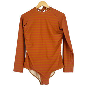 Albion Fit One Piece Long Sleeve Rash-Guard Swimsuit XL Open Back Striped Orange